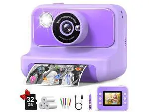 Kids Camera Instant Print, Christmas Birthday Gifts for Girls and Boys, 1080P HD Video Digital Kids Camera with 32G Card, Toddler Camera for 3-12 Years Old, Purple Kids Camera Instant Print, Christmas Birthday Gifts for Girls and Boys, 1080P HD Video Digital Kids Camera with 32G Card, Toddler Camera for 3-12 Years Old, Purple