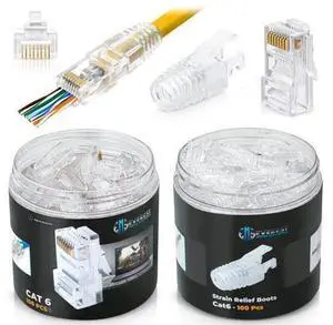 RJ45 Cat6 Pass Through Connectors and Strain Relief Boots - Pack of 100/100 - EZ to Crimp Modular Plug for Solid or Stranded UTP Network Cable - Male Ethernet Connector End RJ45 Cat6 Pass Through Connectors and Strain Relief Boots - Pack of 100/100 - EZ to Crimp Modular Plug for Solid or Stranded UTP Network Cable - Male Ethernet Connector End