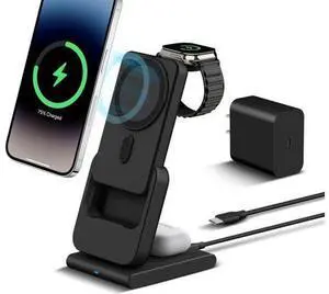 Foldable Wireless Charging Station: 3-in-1 Charger Stand with 5000mAh Portable Power Bank for iPhone 17/16/15/14/13/12 - Removable Battery Pack for Watch (Black) Foldable Wireless Charging Station: 3-in-1 Charger Stand with 5000mAh Portable Power Bank for iPhone 17/16/15/14/13/12 - Removable Battery Pack for Watch (Black)