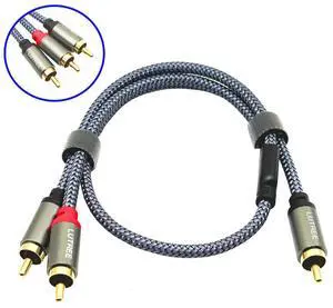 Gold-plated audio cable, 1 RCA male to 2 RCA male single lotus-shaped connector todouble lotus-shaped connector, made of oxygen-free copper, suitable for audio amplifierconnection. 0.5M