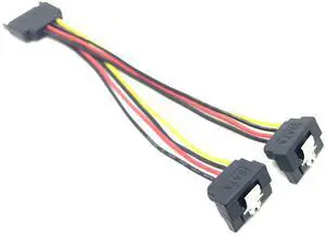 SATA male connector divided into two SATA female power cables. SATA 15-pinmale connector rotates into two 15-pin female connectors with two split clipsat the end.