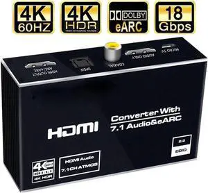 4K@60Hz HDMI Audio Extractor, HDMI to HDMI + Optical Toslink SPDIF + 3.5mm Audio Jack + Coaxial + 7.1Ch HDMI Audio HDMI Audio Extractor Splitter for PS5 Soundbar Blu-Ray Player