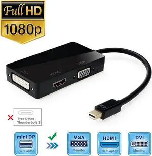 Mini DisplayPort to HDMI VGA DVI Adapter, 1080P Mini DP Thunderbolt 3 in 1 Adapter Video Display Converter for MacBook Air Microsoft Surface Pro 3/4 Book ThinkPad Google Chromebook (1080P, Black) Mini DisplayPort to HDMI VGA DVI Adapter, 1080P Mini DP Thunderbolt 3 in 1 Adapter Video Display Converter for MacBook Air Microsoft Surface Pro 3/4 Book ThinkPad Google Chromebook (1080P, Black)