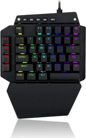 One Handed Mechanical Gaming Keyboard Wired, RGB Led Backlit, 6 Onboard Macro Keys, Detachable Wrist Rest, Blue Switch - Clicky, and Detachable Type C Cable, Metal Panel, All Keys No Conflict