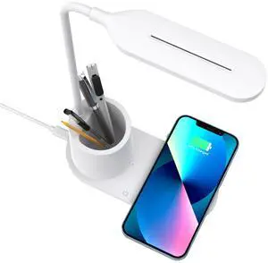 New wireless charging pen holder desklamp- 15W wireless fast-chargingfor mobilephones, LED with adjustable dimming, office and study desk lamp for the tabletop. white