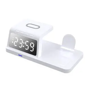 New model private mobile phone wireless charger with multi-functionfast charging 15W clock alarm watch TWS headphones charging white