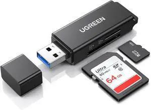 UGREEN SD Card Reader - Portable USB 3.0 Dual Slot Flash Memory Card Adapter Hub for SDXC, SDHC, MMC, RS-MMC, TF, Micro SDXC, Micro SDHC UHS-I for Mac, Windows, Linux, Chrome PC, Laptop