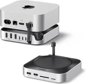 UGREEN Dock & Stand for Mac mini M4/ M4 Pro with NVMe SSD Enclosure, 3 USB A 10Gbps, USB C Data Port, SD Card Reader, Silver