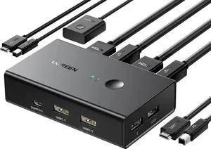 UGREEN HDMI KVM Switch 1 Monitor 2 Computers, with 4 USB Ports 4K@60Hz KVM Switches for Sharing One Monitor Keyboard Mouse Printer with 2 HDMI Cables, 2 USB Cables, Desktop Controller