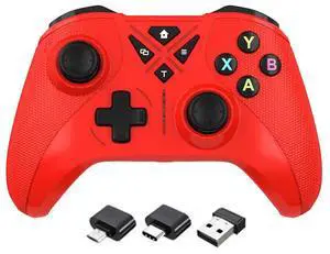 Wireless 2.4G multi;.functional game controller compatible with pc, $witch, Android TV Box, dual vib ration macro progamming controller red