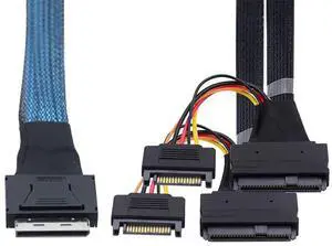 SFF-8611 8X to Dual SFF-8639 U.2 Cable with 15-Pin SATA Power, 32AWG Copper High-Speed Harness, 12Gbps Data Transfer (1m/39.37in) SFF-8611 8X to Dual SFF-8639 U.2 Cable with 15-Pin SATA Power, 32AWG Copper High-Speed Harness, 12Gbps Data Transfer (1m/39.37in)