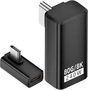 240W 80Gbps USB C Adapter, Thunderbolt 5 USB C Adapter, 90Degree Type C Male to Female Extender 8K@60Hz, 120Gbps Video Bandwidth, for Phone 15/16, VR,TV,Laptop, Carplay-2Pack Low Profile Angled