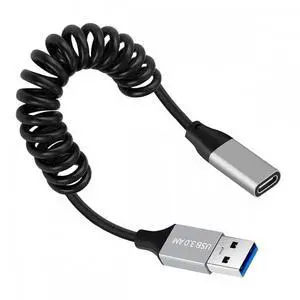 USB 3.0 Type-A Male to USB-C Type-C Female Stretch Coiled Cable 100cm Extension 5Gbps for Disk Phone Camera Data