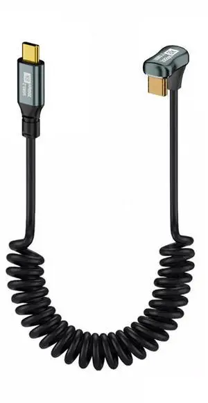 Stretch Coiled USB-C USB4 Cable 20Gbps 100W 8K Type-C Opposite Back Angled Male to Male Cable Power & Data for Laptop Keyboard Tablet