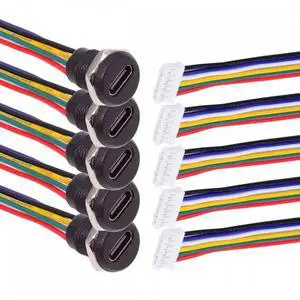 5pcs/set DIY OEM Type C Female Socket to 6Pin Header Cable Pitch=2.0mm Panel Mount DC 5V/20V PD Power
