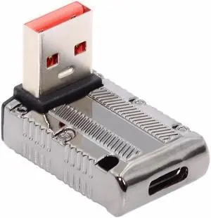 USB-C USB 3.1 Type C Female to USB 3.0 Type-A Male 90 Degree Up Angled Low Profile Type 10Gbps Data 120W Power Adapter Mecha Cyberpunk Style USB-C USB 3.1 Type C Female to USB 3.0 Type-A Male 90 Degree Up Angled Low Profile Type 10Gbps Data 120W Power Adapter Mecha Cyberpunk Style