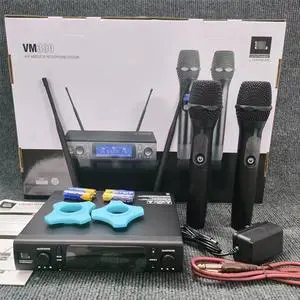 VM300 wireless dynamic microphone- one unit can be fortwo speakers. Suitable forKTy, home singing, stageperformancesand handheld use. VM300 wireless dynamic microphone- one unit can be fortwo speakers. Suitable forKTy, home singing, stageperformancesand handheld use.
