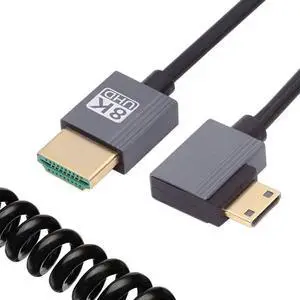 90 Degree Left Angled Mini HDMI 2.1 Male to HDMI Male 8K 60hz Stretch Coiled Cable 100cm for HDTV Computer Laptop Monitor 90 Degree Left Angled Mini HDMI 2.1 Male to HDMI Male 8K 60hz Stretch Coiled Cable 100cm for HDTV Computer Laptop Monitor