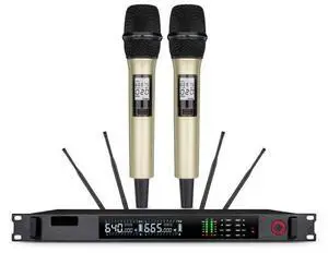 True diversity wireless microphone - one for two users. Adjustable frequency moving coil type. Suitable for karaoke, entertainment, performances, KTV and professional use. Champagne microphone True diversity wireless microphone - one for two users. Adjustable frequency moving coil type. Suitable for karaoke, entertainment, performances, KTV and professional use. Champagne microphone