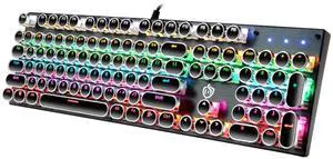 Typewriter Style Mechanical Gaming Keyboard LED Backlit Wired with Blue Switch Retro Round Keycap 104 Keys Keyboard (Black 104 Keys LED)