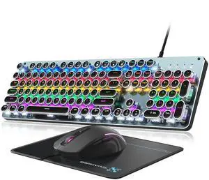 Typewriter Style Mechanical Gaming Keyboard Blue Switch, Rainbow LED Backlit Wired Computer Keyboards Mouse and Pad Combo, Metal Panel Retro Punk Round Keycaps, 104 Keys Anti-Ghost for PC Laptop Gamer