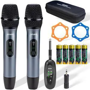 Wireless Microphone Set for Singing, Speeches & Events, 2.4GHz Dual-Mic Receiver, 200ft, Storage Bag Included, Metal Cordless Mic 2 Pack for Karaoke Machines, PA Systems, PartyBox, Gray-Blue Wireless Microphone Set for Singing, Speeches & Events, 2.4GHz Dual-Mic Receiver, 200ft, Storage Bag Included, Metal Cordless Mic 2 Pack for Karaoke Machines, PA Systems, PartyBox, Gray-Blue