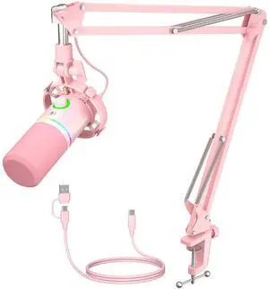 XLR/USB Dynamic Microphone Kit, RGB Gaming Mic with Software, Mute, Gain Knob, Volume Control, Boom Arm for Streaming, Podcasting, Voice-Over, Recording-PD200XS Pink