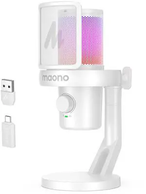 Wireless/USB Gaming PC Microphone with 6 AI Voice Changer, DM40 White | Condenser Computer Mic with 48kHz/24bit, Noise Reduction, Mute, EQ, RGB, 40H, Gain, Headphone Jack for Podcast Record Stream Wireless/USB Gaming PC Microphone with 6 AI Voice Changer, DM40 White | Condenser Computer Mic with 48kHz/24bit, Noise Reduction, Mute, EQ, RGB, 40H, Gain, Headphone Jack for Podcast Record Stream