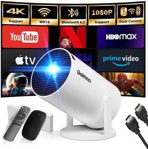 Mini Projector with WiFi and Bluetooth Built-in Apps Smart Projector Support 4K 1080P FHD 180° Adjustable Auto Keystone Compatibile with HDMI/TV Stick/Memory Stick/Laptop, White