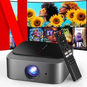 [2025 Netflix-Licensed | 386+ Built-in Apps]  E2 Smart Projector with WiFi and Bluetooth, Mini Projector 4K Support with Netflix, Youtube, Disney+, Hulu, Max, Crunchyroll w Portable Case