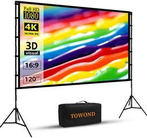 Projector Screen and Stand,  120 inch Portable Projector Screen Indoor Outdoor Movie Screen 16:9 4K HD Wrinkle-Free Lightweight Projection Screen with Carry Bag for Backyard Movie Night