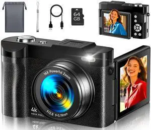 4K Digital Camera for Photography- 50MP Autofocus Vlogging Camera with 2.8" 180° Flip Screen, 16X Digital Zoom- Compact Point and Shoot Camera with 64GB SD for YouTube, Travel, Beginners 4K Digital Camera for Photography- 50MP Autofocus Vlogging Camera with 2.8" 180° Flip Screen, 16X Digital Zoom- Compact Point and Shoot Camera with 64GB SD for YouTube, Travel, Beginners