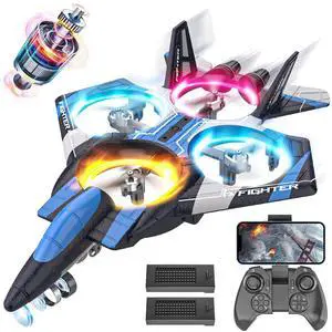 RC Plane for Kids | 2.4GHZ Brushless Drones with Camera, 6-axis Gyro Remote Control Airplane, 360° Flip Fighter Jet Toy, Toys for ages 8-13 with Colorful LED Navigation Lights Blue