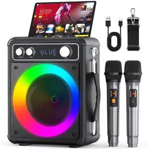 Karaoke Machine, Portable Bluetooth Karaoke Speaker with 2 Wireless Microphones, PA System for Adults Kids with LED Lights, Supports FM/AUX/USB/TF for Home Party
