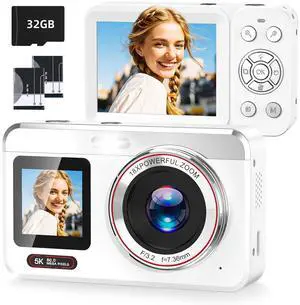 Digital Camera, 5K Vlogging Camera for Photography, 80MP Dual Screen Point and Shoot Digital Camera with Auto Focus, 18X Zoom, Flash, 2 Batteries, 32GB Card for Teens and Adults (White) Digital Camera, 5K Vlogging Camera for Photography, 80MP Dual Screen Point and Shoot Digital Camera with Auto Focus, 18X Zoom, Flash, 2 Batteries, 32GB Card for Teens and Adults (White)