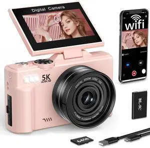 Digital Camera, 5K 75MP Cameras for Photography with WiFi & 64GB TF Card, Autofoucs Vlogging Camera for YouTube with 180° Flip Screen, Compact Vlog Travel Camera Kit for Beginner, Teens (Pink)