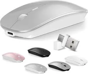Mouse for MacBook Wireless Bluetooth Mouse Laptop MacBook Air Mac Pro Rechargeable Silent PC iPad Optical Mouse with Dual Mode Switch Bluetooth 5.2/3.0 and 2.4GHz USB Type-C Receiver Silvery