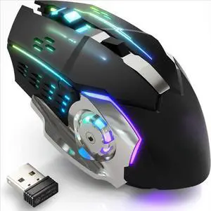 Wireless Gaming Mouse Bluetooth Mouse RGB Rechargeable 2.4G USB Cordless Computer Mice with 7 Color Backlit, 6 Buttons & Silent Click for Laptop, iPad, Mac OS, PC, Windows -Black
