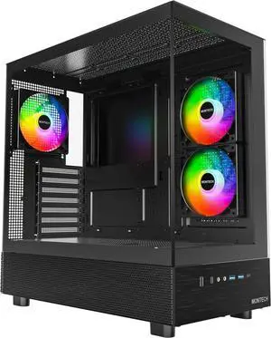 ATX Mid-Tower PC Gaming Case, 3 x 120mm ARGB PWM Fans Pre-Installed, Full-View Dual Tempered Glass Panel, 360mm Radiator Support, Black