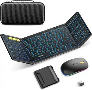 Folding Bluetooth Keyboard Mouse Combo with Backlight, 2.4G + BT5.0 x 2, Full-Size Travel Keyboard & Portable Wireless Mouse for Windows/Android/iOS/Mac OS, Black