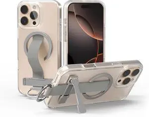 for iPhone 16 Pro Max Case 4-in-1 - Magnetic Clear Cover Adjustable Wrist Strap, Foldable Stand & Crossbody Lanyard