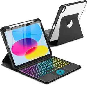 Touchpad Keyboard Case for iPad (A16) 11th 10th Generation, 360 Rotation Cover with Pencil Holder Wireless Backlit Detachable Keypad