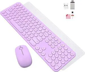 Cute Wireless Keyboard and Mouse Combo Slim 2.4GHz USB Cordless Full Size Silent Retro KeyboardUpgraded Violet