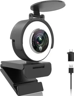1080p Webcam with Ring Light for Streaming: USB 60FPS Web Camera with Microphone-HDR-Enabled-HD Auto Light Correction Web Cam with Adjustable FOV