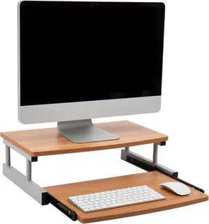 Monitor Stand, Sliding Keyboard Drawer, Laptop, Riser, Office, Wood/Metal, 20" L x 14.75" W x 5.9" H, Brown, Silver
