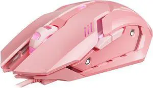 Wired Gaming Mouse, 2400 DPI Wired Optical Mouse with 6 Programmable Macro Buttons, Metal Base - Pink