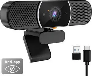 3 in 1 Webcam - 2K HD USB C Webcam with Microphone and Speaker, Stereo Sound & Noise-Cancelling Mics