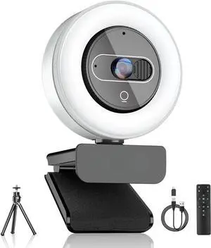 4K Webcam with Light, HD Webcam for PC with Remote Control, Built-in Privacy Cover, Adjustable Brightness