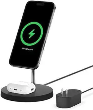 2-in-1 Wireless Charging Stand for Apple iPhone 16, iPhone 15, iPhone 14, iPhone 13 Series & AirPods - Black