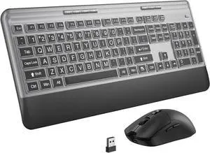 Silent Wireless Keyboard and Mouse Combo - Keyboard with Large Print Cover, 2.4GHz Full-Sized Ergonomic Keyboard